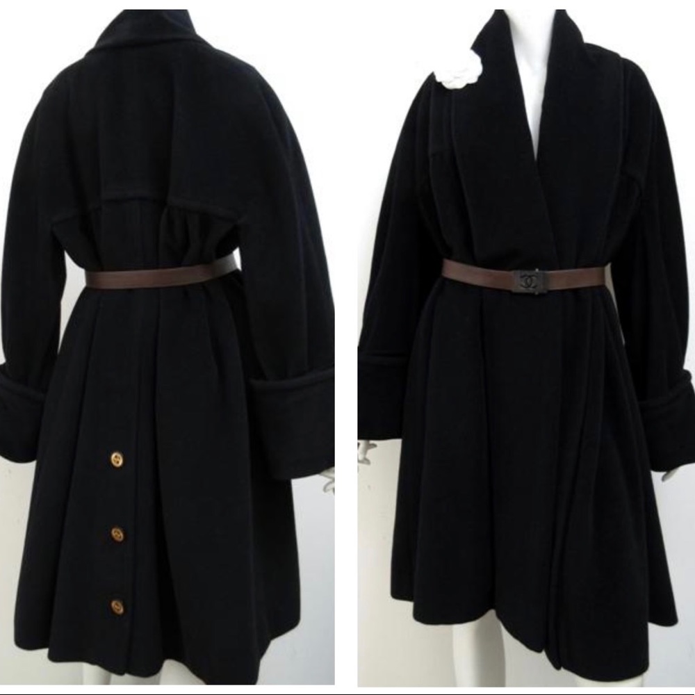 Chanel vintage black Angora big shawl collar long coat